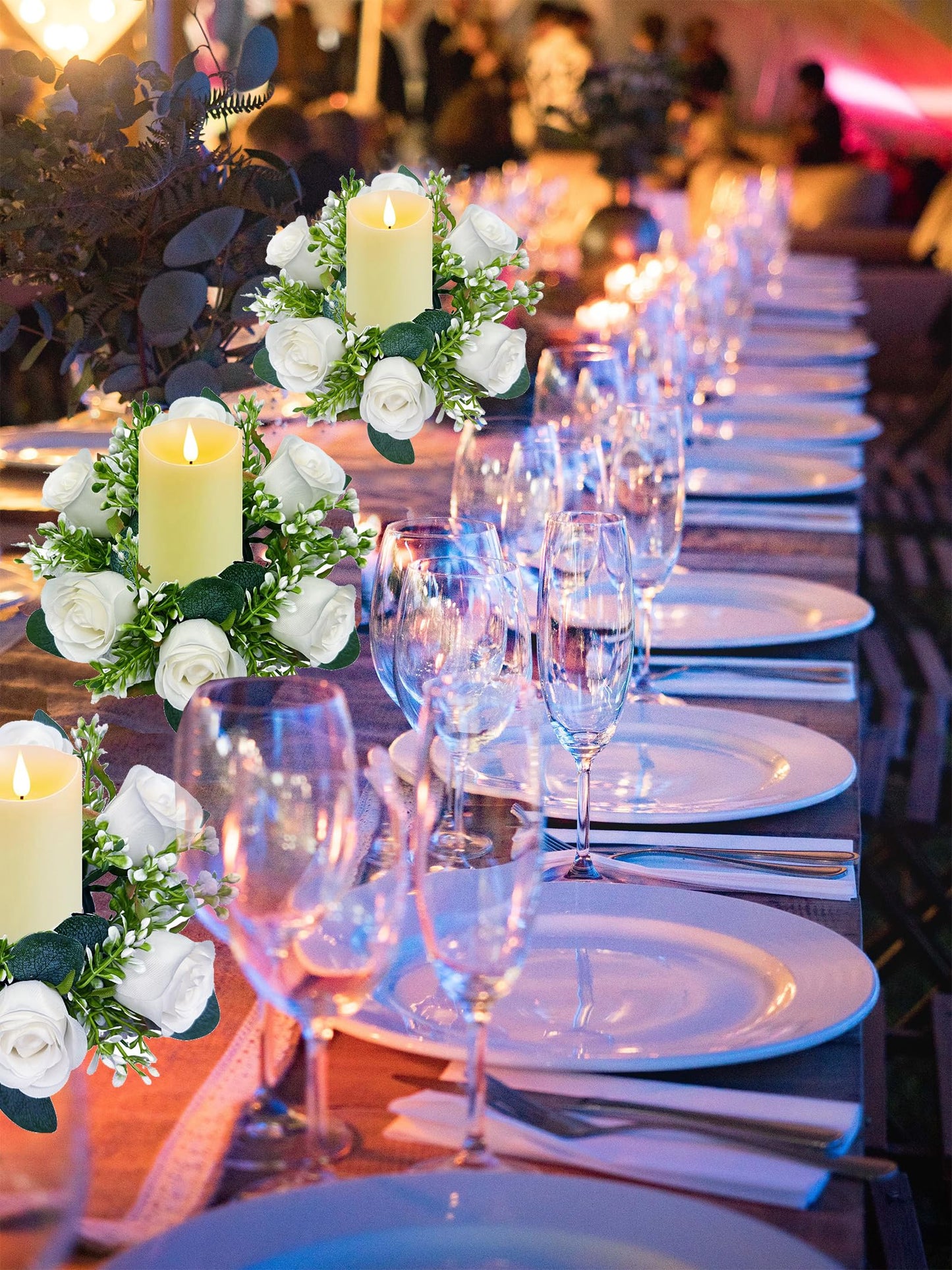 tyoungg 4 PCs Artificial Rose Eucalyptus Candle Rings Wreath Weddding Bridal Shower Table Home Decor (4, White)