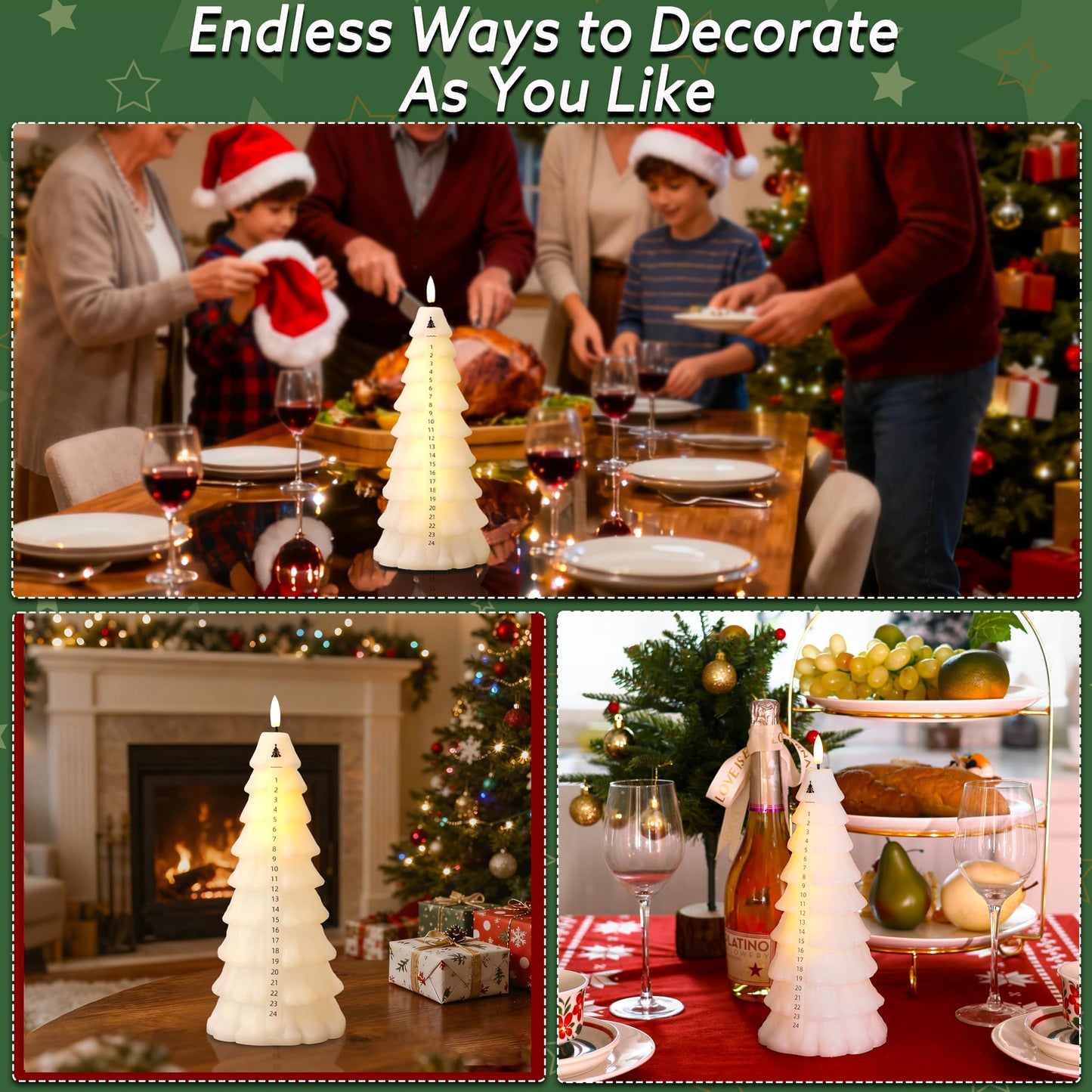 AFINETH Christmas Tree Candles with Remote, Real Wax Christmas Countdown Candle, Countdown to Christmas Battery Operated Candles, Xmas Flameless Advent Candle for Table Decor