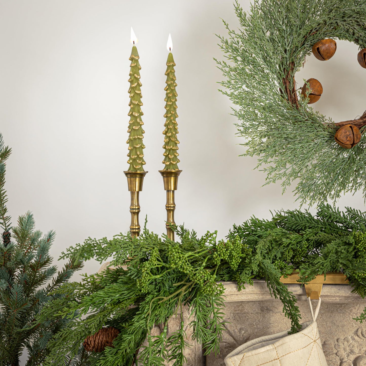 Creative Co-Op Golden-Tipped Elegance Tree Shaped Taper Candles, Evergreen, Set of 2