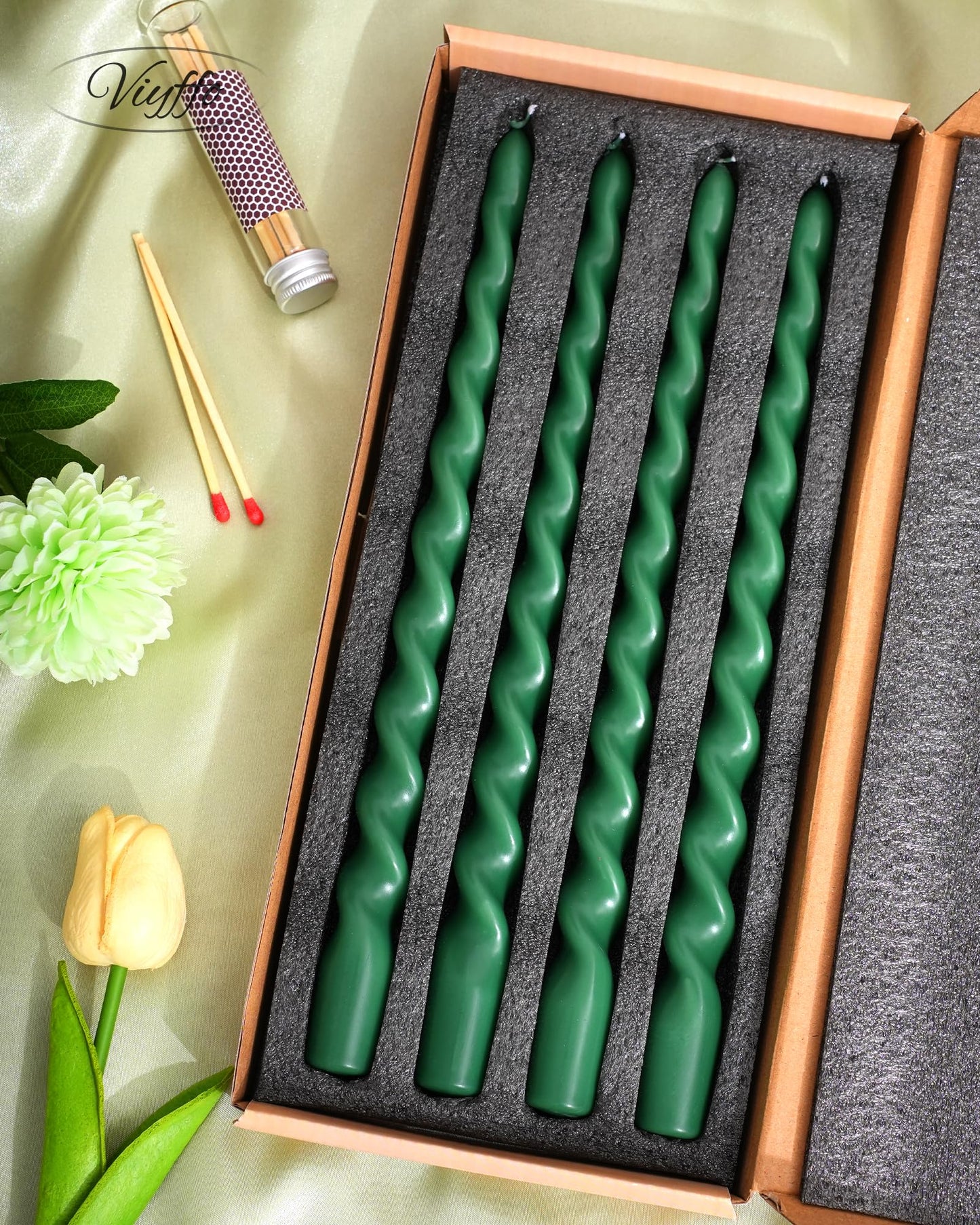 Viyffo Spiral Taper Candles 12 Inch – 4 Pack Dark Green, Dripless, Unscented, Smokeless – 9 Hour Burn – Tall Candlesticks for Wedding, Dinner, Holiday, Party, Home Decor