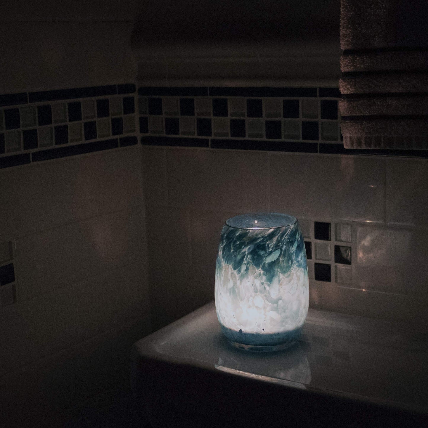 Totally Blown Glassworks Votive Candle Holder, Tea-Light, Handmade Blown Glass, Accent Vase, Centerpiece, Home Decor, Artist Dehanna Jones, Seattle, WA. (Teal Puget Sound)