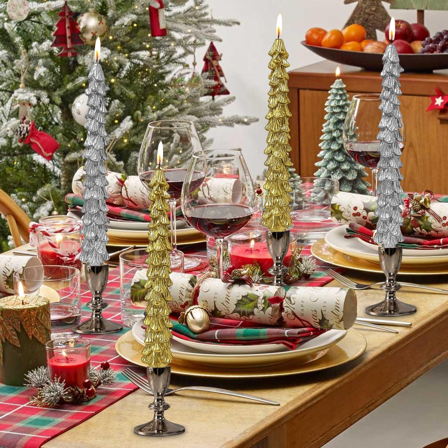 Christmas Tree Shaped Taper Candles, 9.8 Inch Unscented Tree Candle Decorative Christmas Tree Candles Gift for Christmas Festival Celebration Decor, 2PCS, Gold