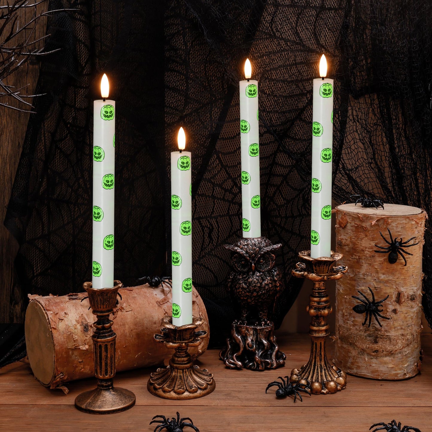 SEHNSY Halloween LED Flameless Taper Candles with Remote and Timer, 4 Pack Battery Operated Real Wax Candles with Glow in The Dark Pumpkin Face Stickers for Halloween Table Party Decor