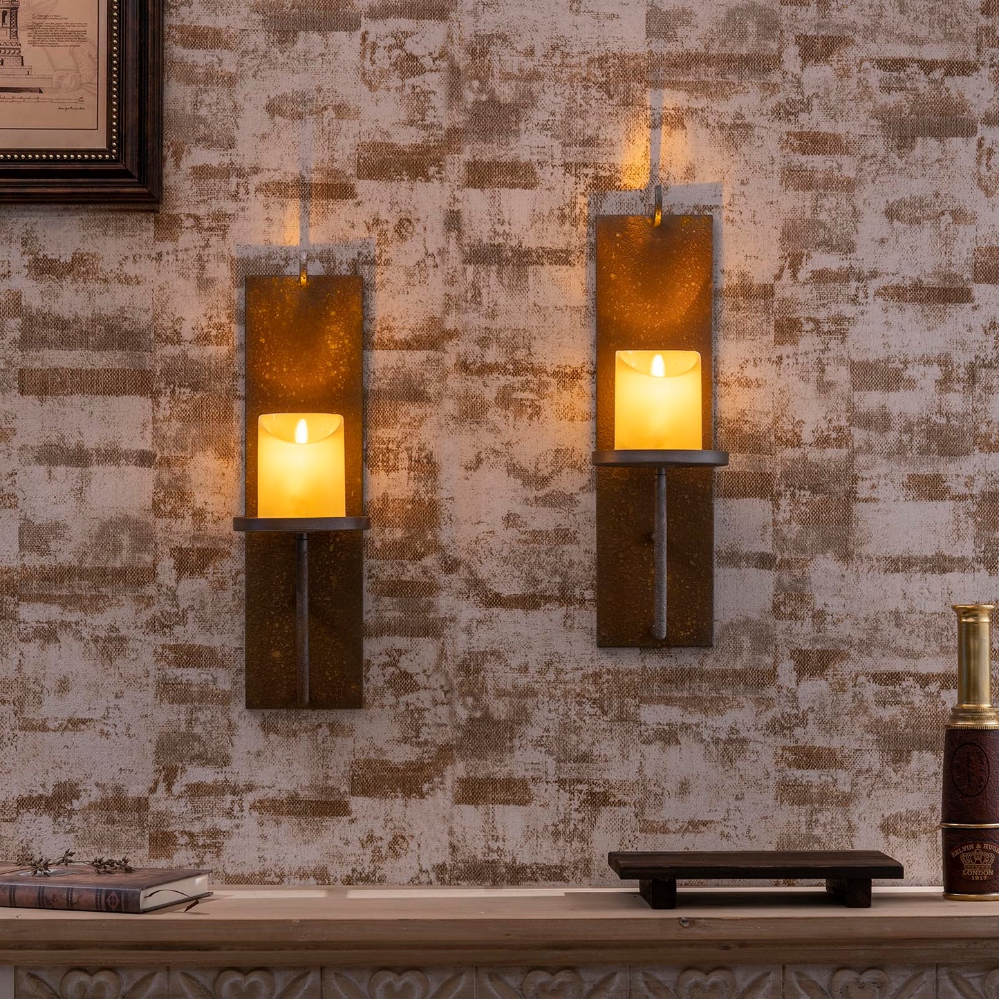 Woparty Set of 2 Vintage Wall Candle Sconce, Distressed Iron Metal, 15.6 x 3.9 inches, Rustic Farmhouse Style