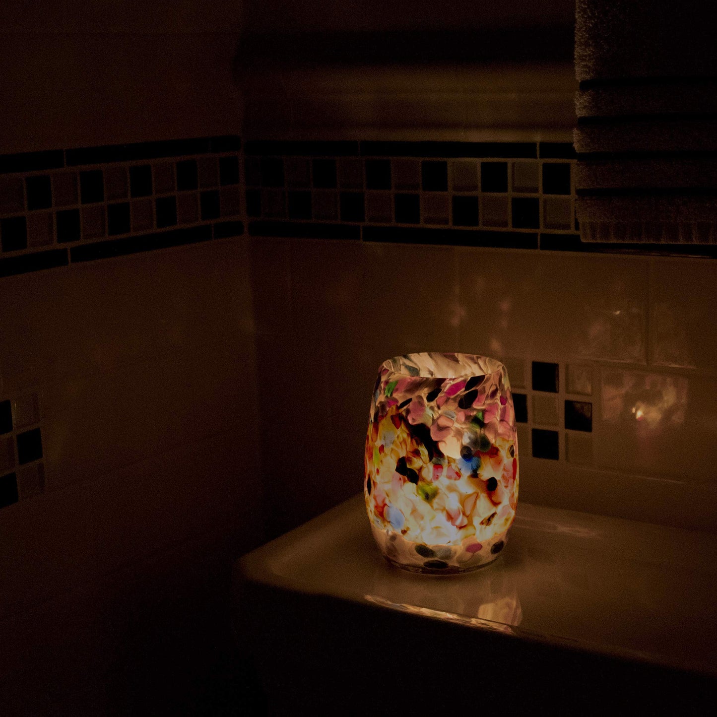 Totally Blown Glassworks Votive Candle Holder, Tea-Light, Handmade Blown Glass, Accent Vase, Centerpiece, Home Decor, Artist Dehanna Jones, Seattle, WA. (Tan MM Jewels in the Sand)