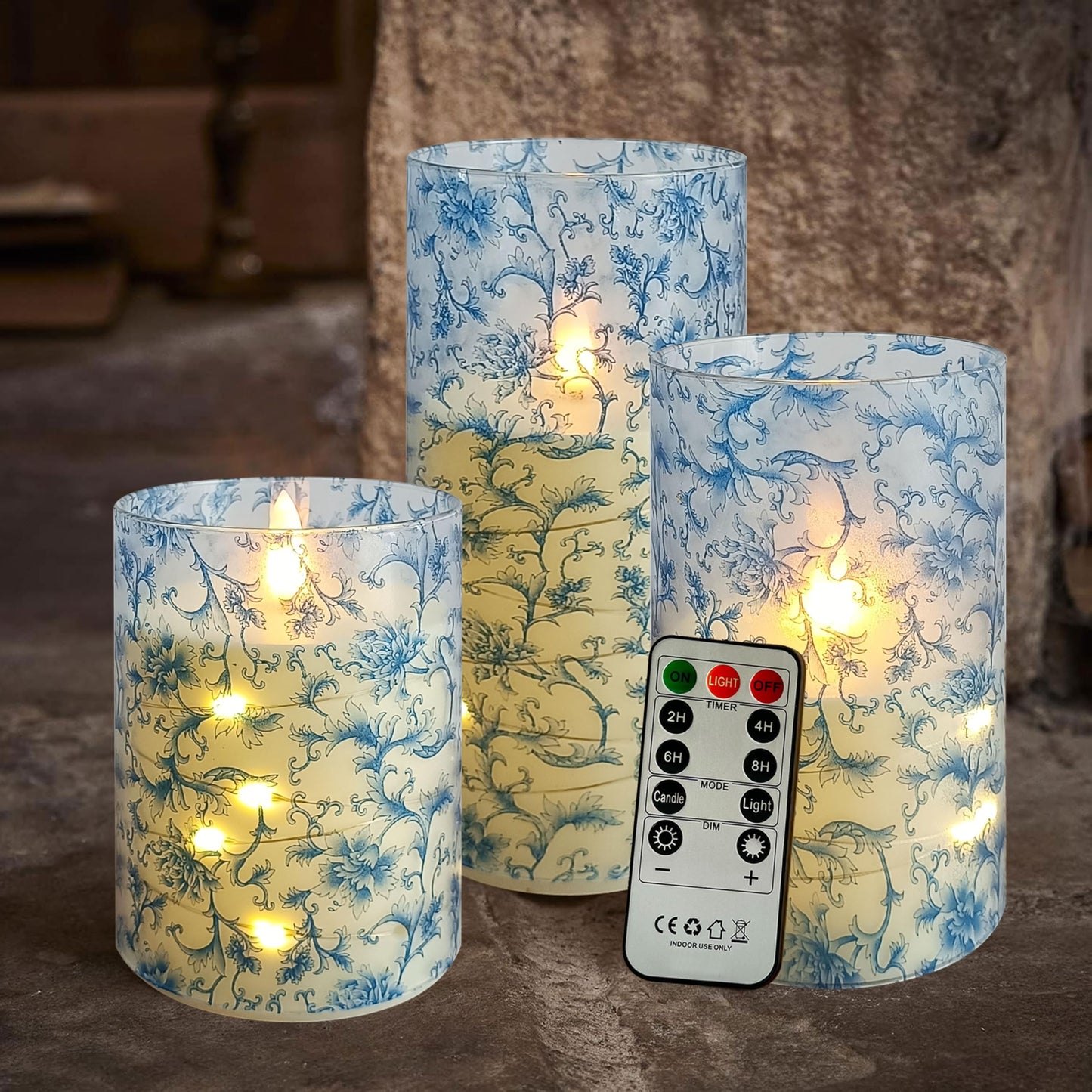 Flickering Flameless Candles Blue Floral Print, Embedded Star String Lights, Battery Operated Acrylic LED Pillar Candles with 11-Key Remote and Timer for Home Decoration, 3 Pack