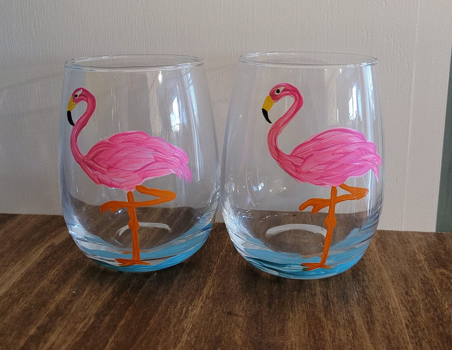 Pink Flamingo Hand Painted Stemmless Wine Glasses Set of 2 Tropical Home Decor