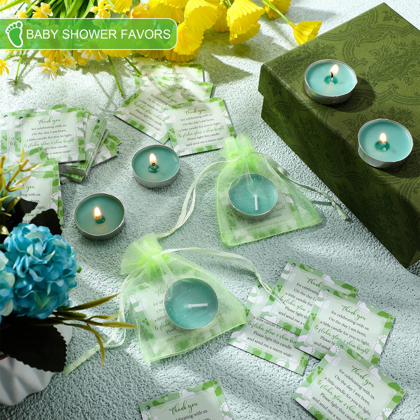 50 Sets Baby Shower Party Favors Including 50 Pcs Unscented Tealight Baby Shower Candles Gift Bags Cards for Gender Reveal Party Supplies(Green)