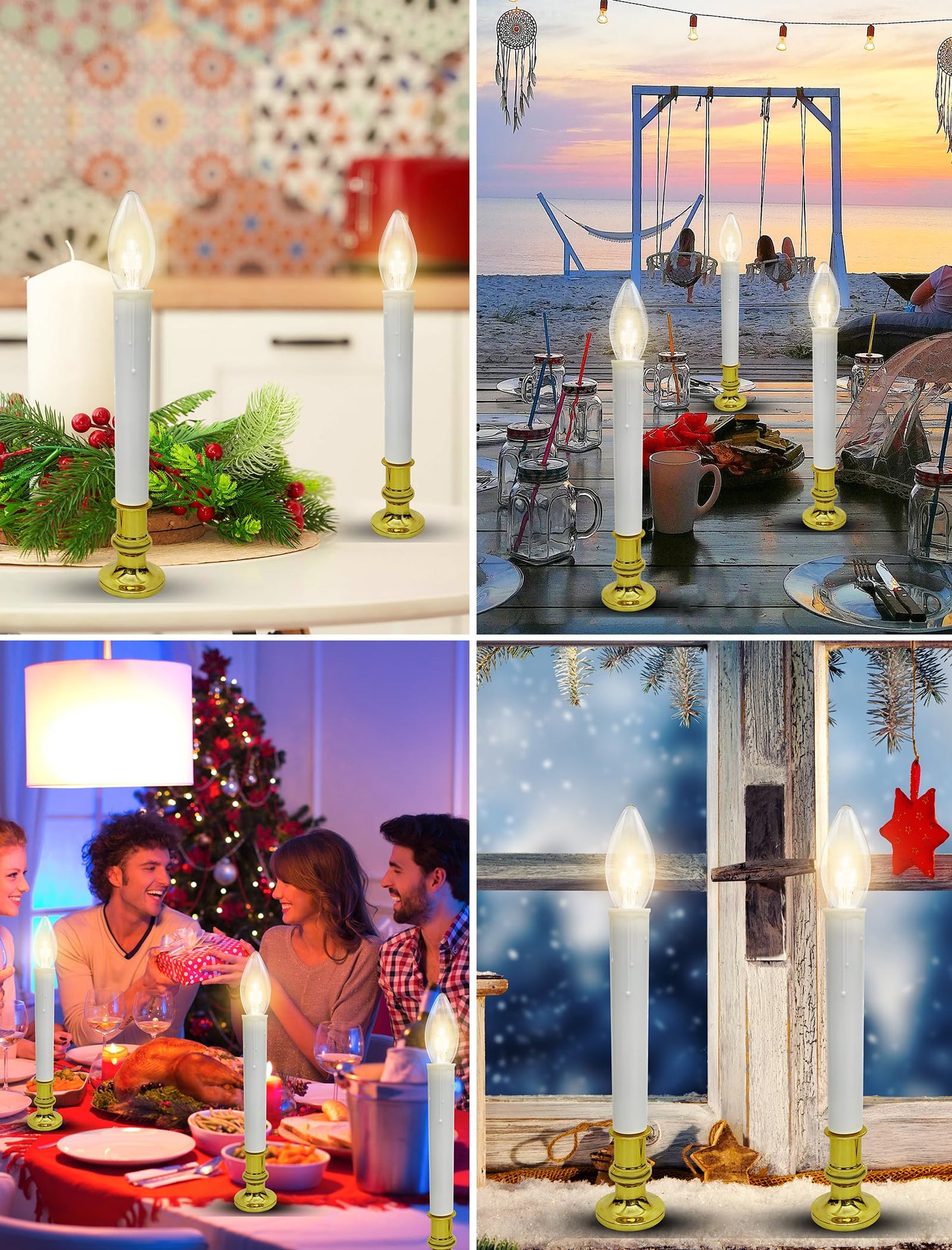 Xingzd 4 Pack Battery Operated LED Window Candles with Timer 6-18h, 7.75" Flameless Candle Lamp with 4 Suction Cups & Gold Holders & C26 Clear Bulbs for Christmas Holiday Decoration