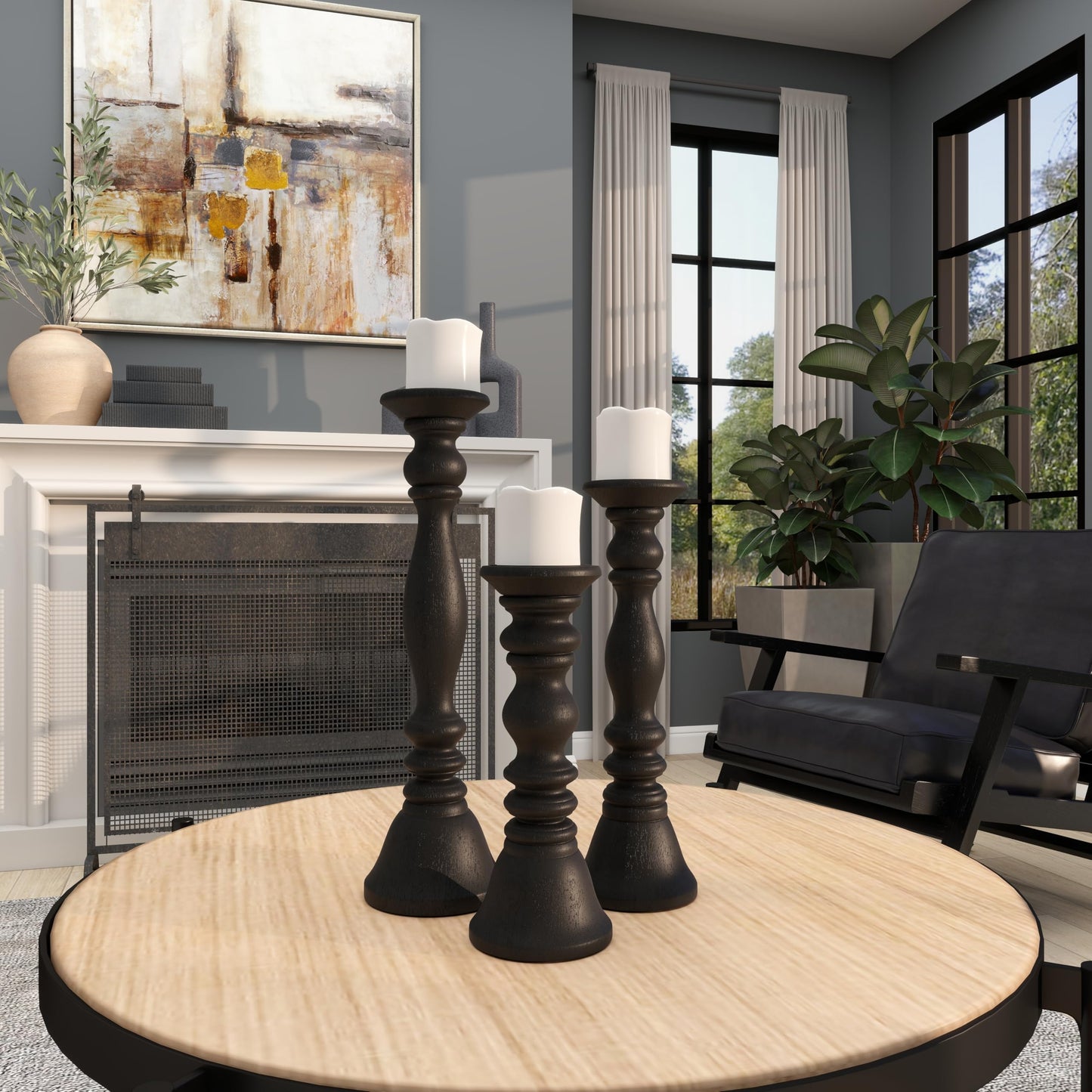 Deco 79 Wood Decorative Candle Holder Turned Style Pillar Candle Stand, Set of 3 Candlestick Holder 18, 15, 12'H, Black