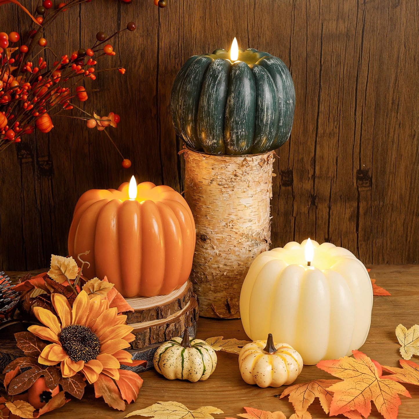 JOIONE Fall Flameless Led Pumpkin Candles with Remote, Real Wax Pumpkin Shaped Battery Operated Flickering Candles with Timer for Thanksgiving Decor, Fall Harvest Decor, Halloween Decorations, Green