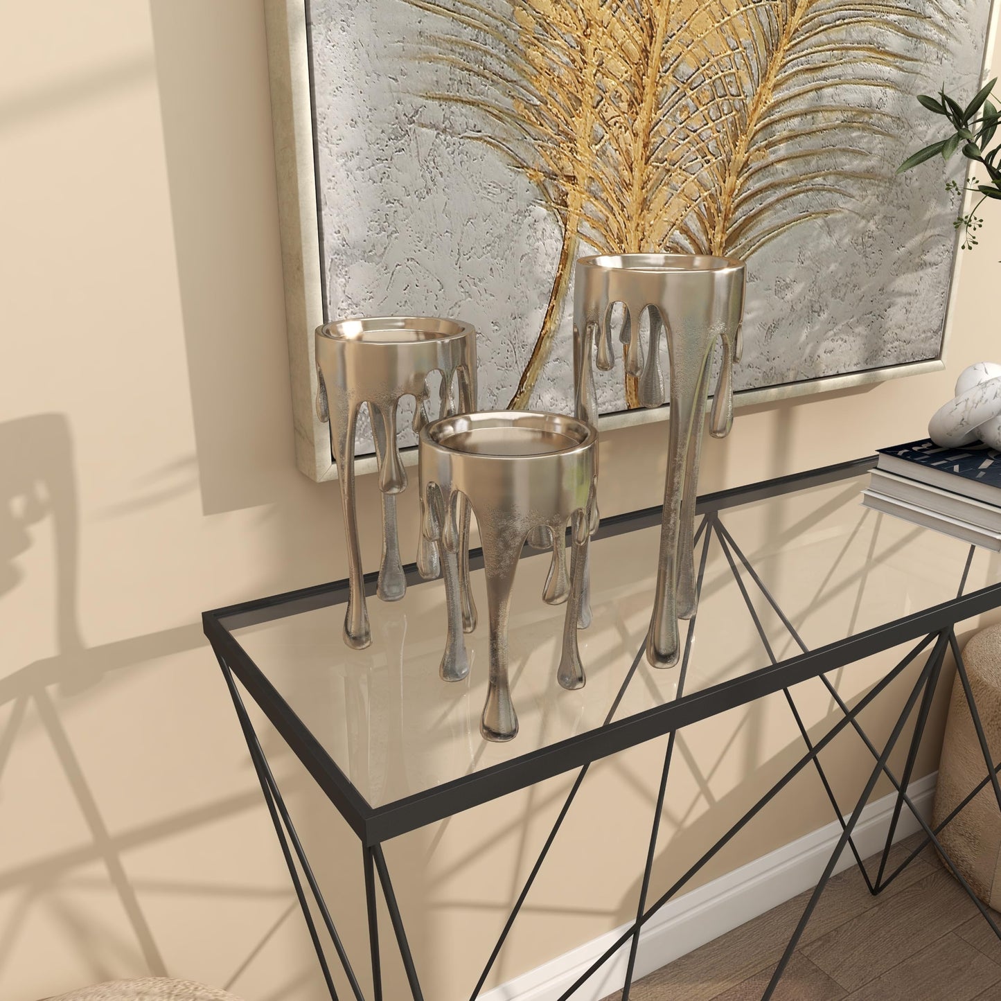 CosmoLiving by Cosmopolitan Aluminum Metal Abstract Decorative Candle Holder Melting Drip Candle Stand, Set of 3 Candlestick Holder 12", 10", 8"H, Silver