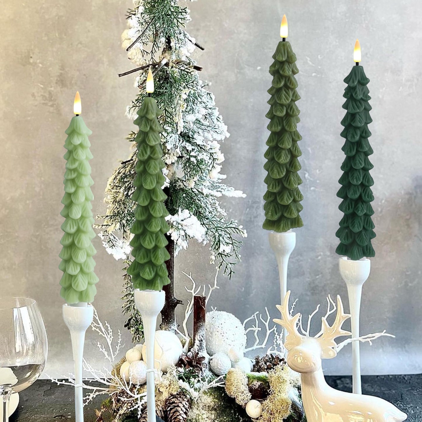 FCMSHAMD Gradient Green Christmas Trees Flickering Flameless Candles with Remote and Timer, Real Wax 3D Flame Wick LED Candles, 9.8 Inch Battery Operated Candles for Christmas Home Decoration,4PCS