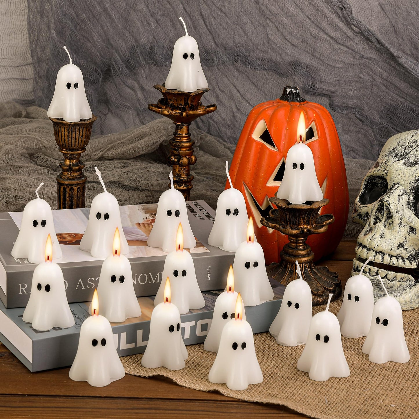 EBaokuup 20 PCS 2.3'' X 1.6'' Halloween Ghost Candles, White Ghost Decor Candles, Cute Burning Candle for Halloween Party Home and Table Decorations