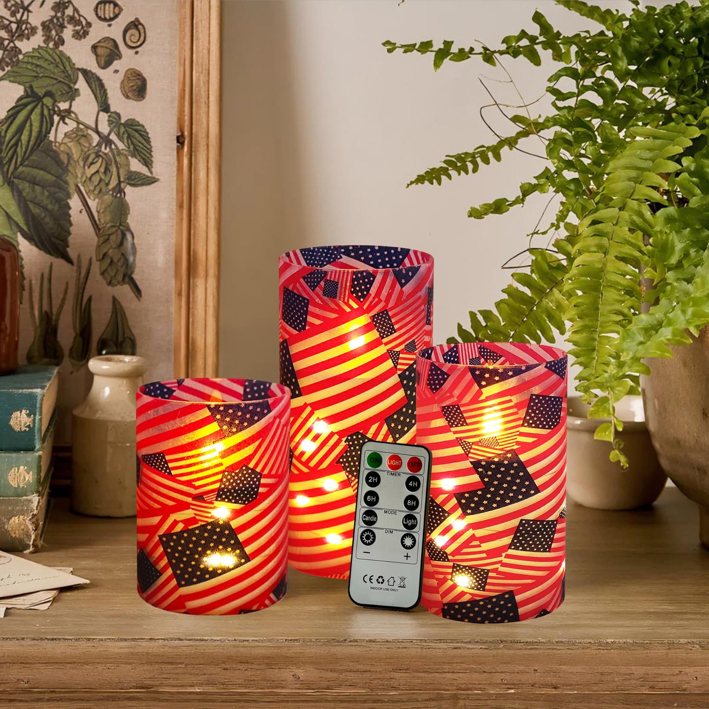 Patriotic Flickering Flameless Candles Stars and Stripes US Flag, Embedded Star String Lights, Battery Operated Acrylic LED Pillar Candles with 11-Key Remote and Timer for Home Decoration, 3 Pack