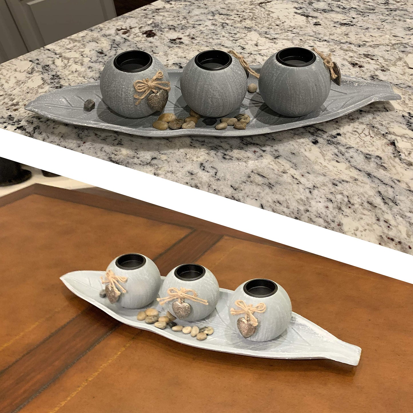allgala HD90403 Wooden Candle Holder Tray 3 Ball Orbs Set Tealight Centerpiece with Pebbles on Leaf Tray for Coffee Table Dining Table Accents Bowl for Living Room Décor (Green)