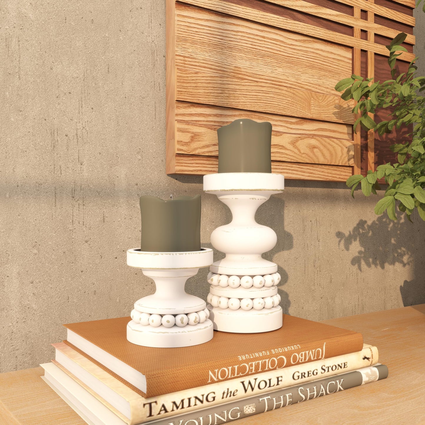 Deco 79 Wood Decorative Candle Holder Beaded Pillar Candle Stand, Set of 2 Candlestick Holder 8", 4"H, White