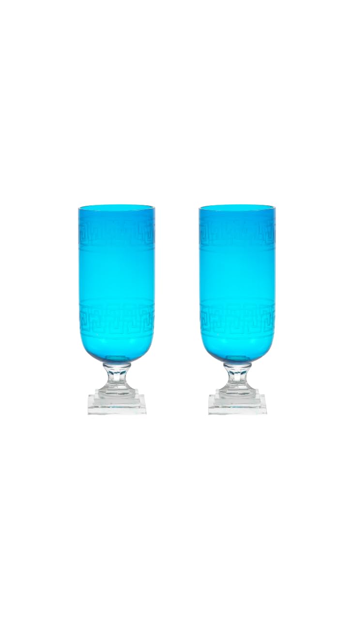 Aqua Greek Key Glass Hurricane Lamp Lantern, Set of 2 Candle Holder Vase