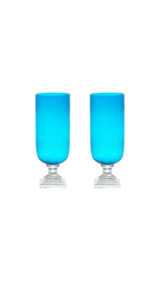 Aqua Greek Key Glass Hurricane Lamp Lantern, Set of 2 Candle Holder Vase