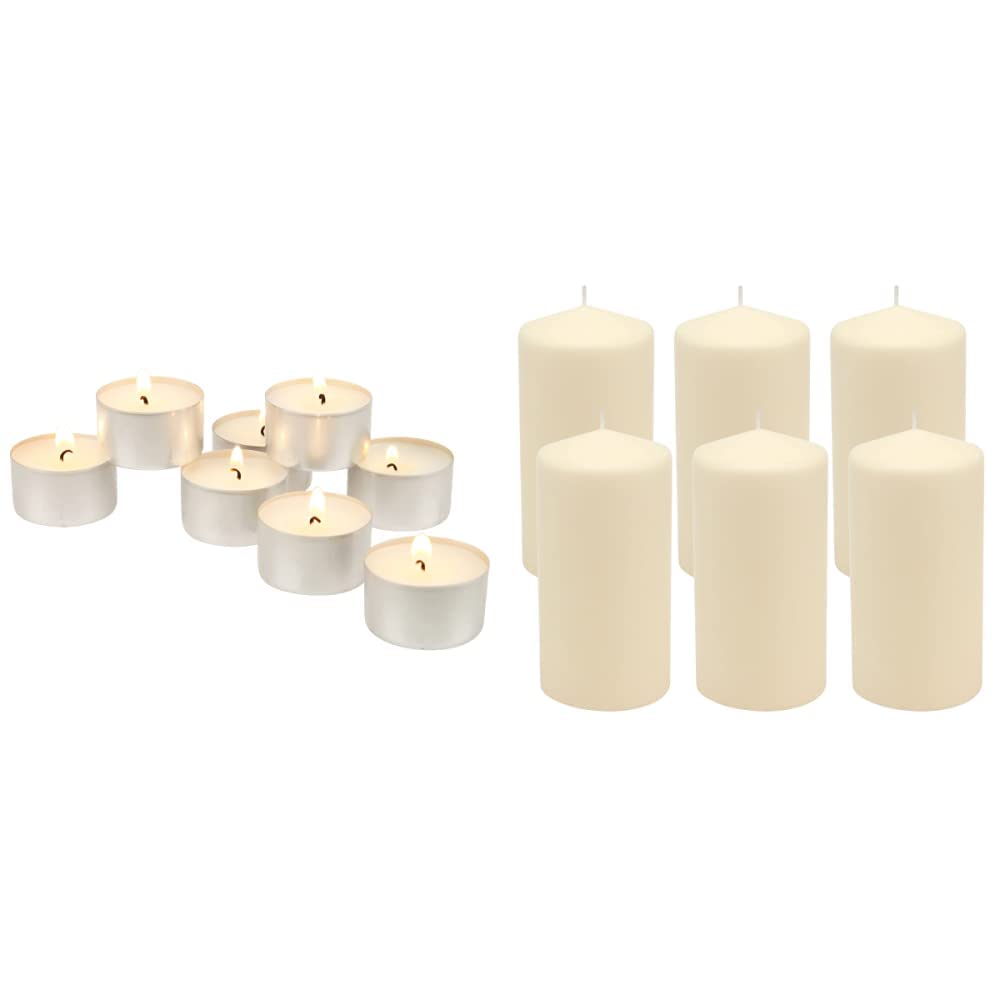 Stonebriar 100 Pack Unscented 8 Hour Extended Burn Time Tea Light Candles, White, 100 Count & SB-SP-3548A Tall 3 x 6 Inch Unscented Ivory Pillar Candle Set, Set of 6, 3x6