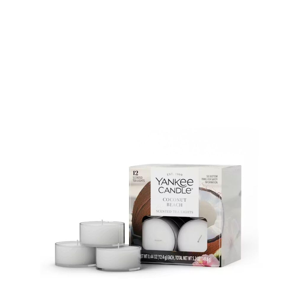 Yankee Candle Coconut Beach Tea Light Candles, Premium Plant Wax Scented Tealights, 12 Count, White, Up to 5 Hours Burn Time, Natural Fiber Wick, 0.44 oz Each