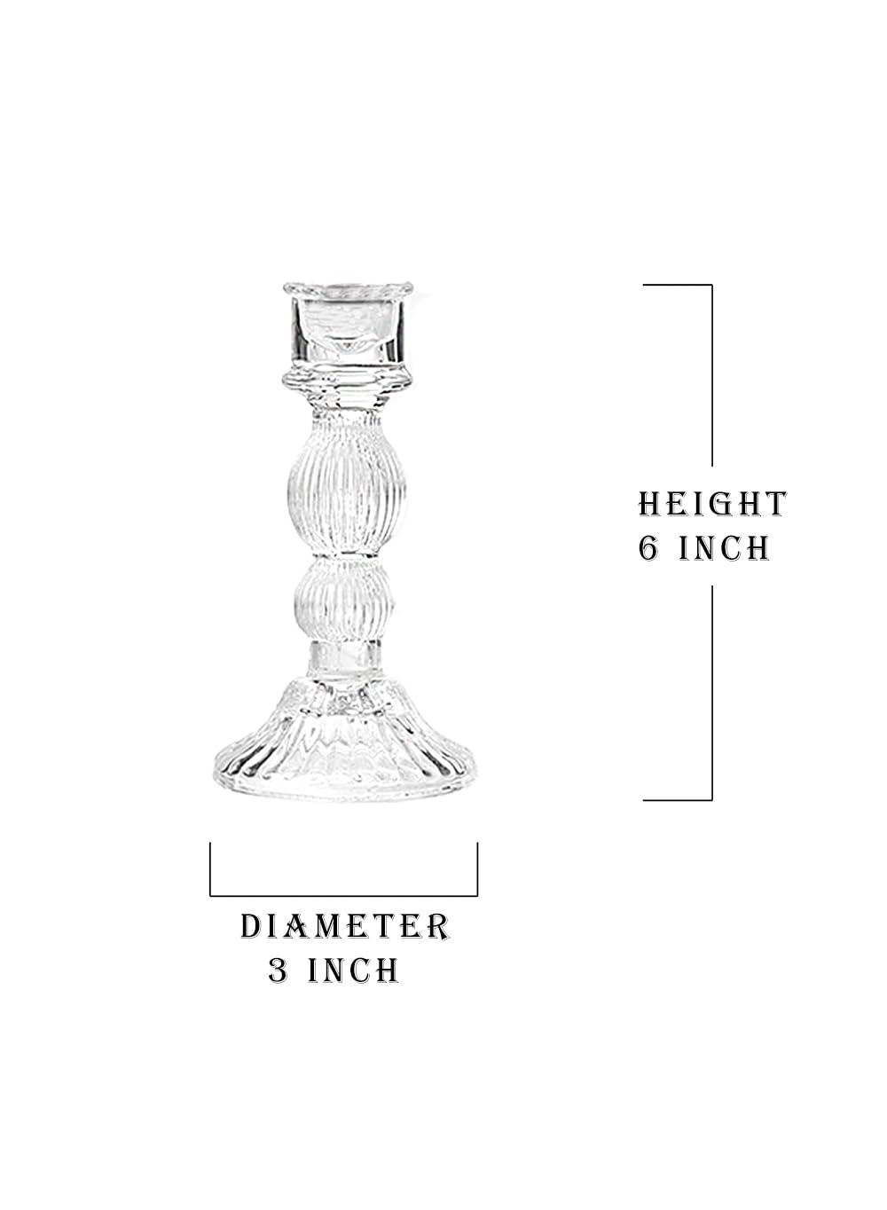 Serene Spaces Living Set of 6 Ribbed Glass Candlestick Holders, Fluted Glass Taper Candleholder for Weddings, Events, Dinner Table, Measures 6" Tall & 3" Diameter