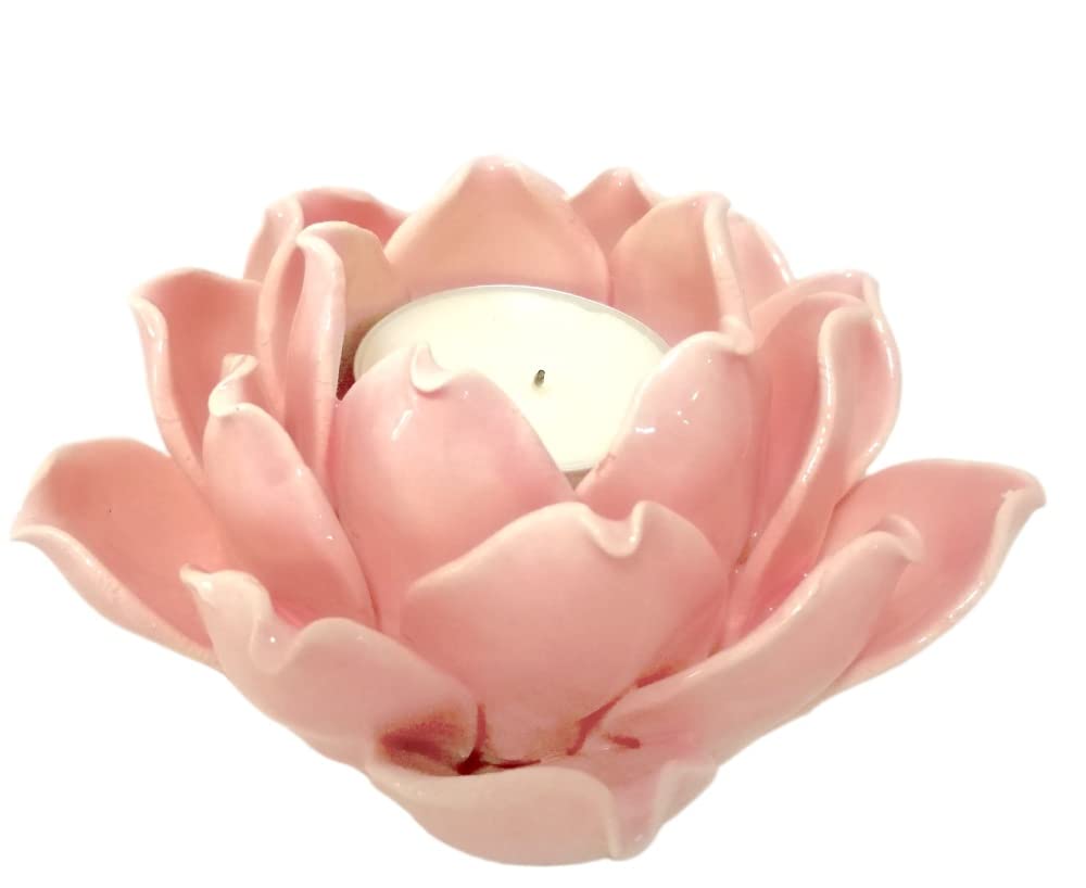 Pretty Home Ceramic Lotus Candle Holder Handmade Petals Style Flower Tea Lights Holder Home & Tabletop Centerpiece Decoration (Pink)