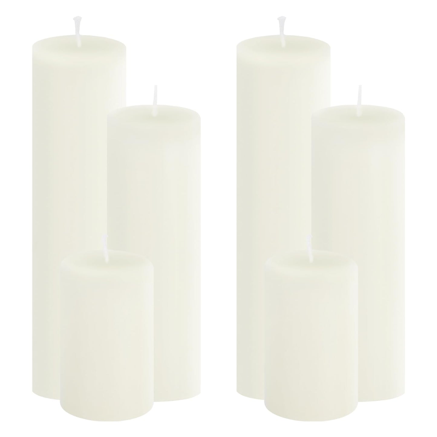 Trxvxo White Pillar Candles, 6-Pack Bulk Set in 3 Sizes (3, 6 & 8 Inch - 2 Each). Dripless, Unscented & Smokeless Hurricane Candles for Weddings, Parties & Home Decor.