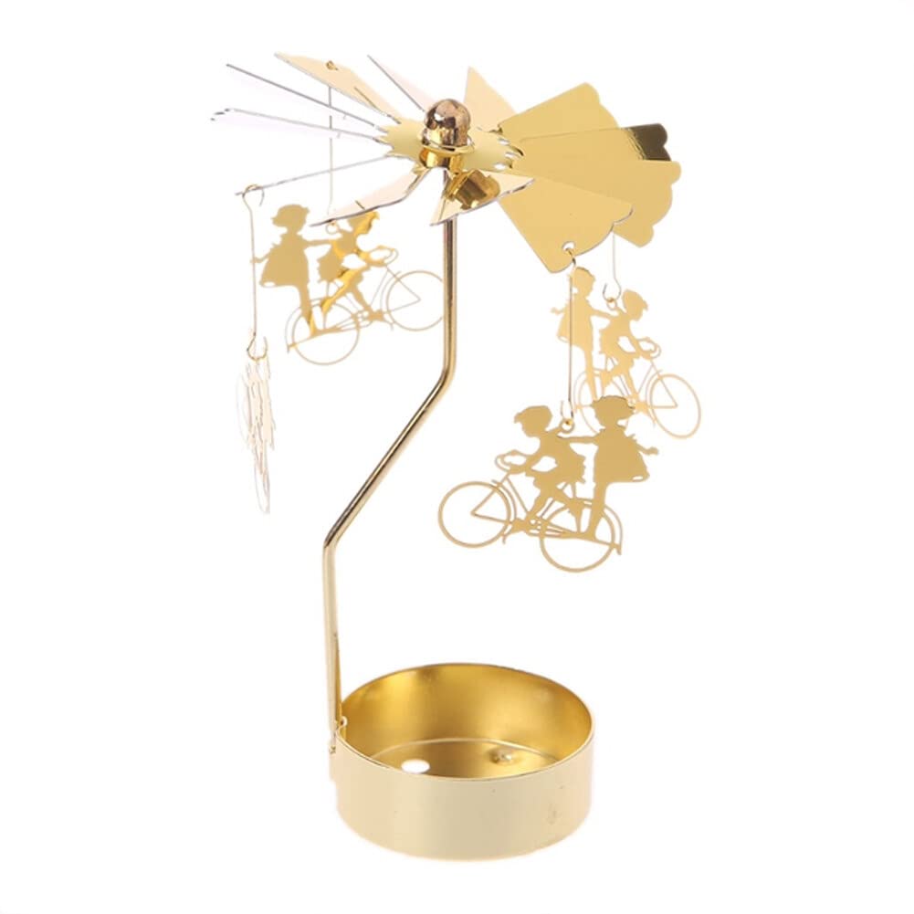 Eforcase Rotary Candle Holder, Gold Bicycle Boy Girl Tea Lights Candle Holder, Spinning Romantic Candlestick Ornament for Wedding Party Christmas Home Decoration