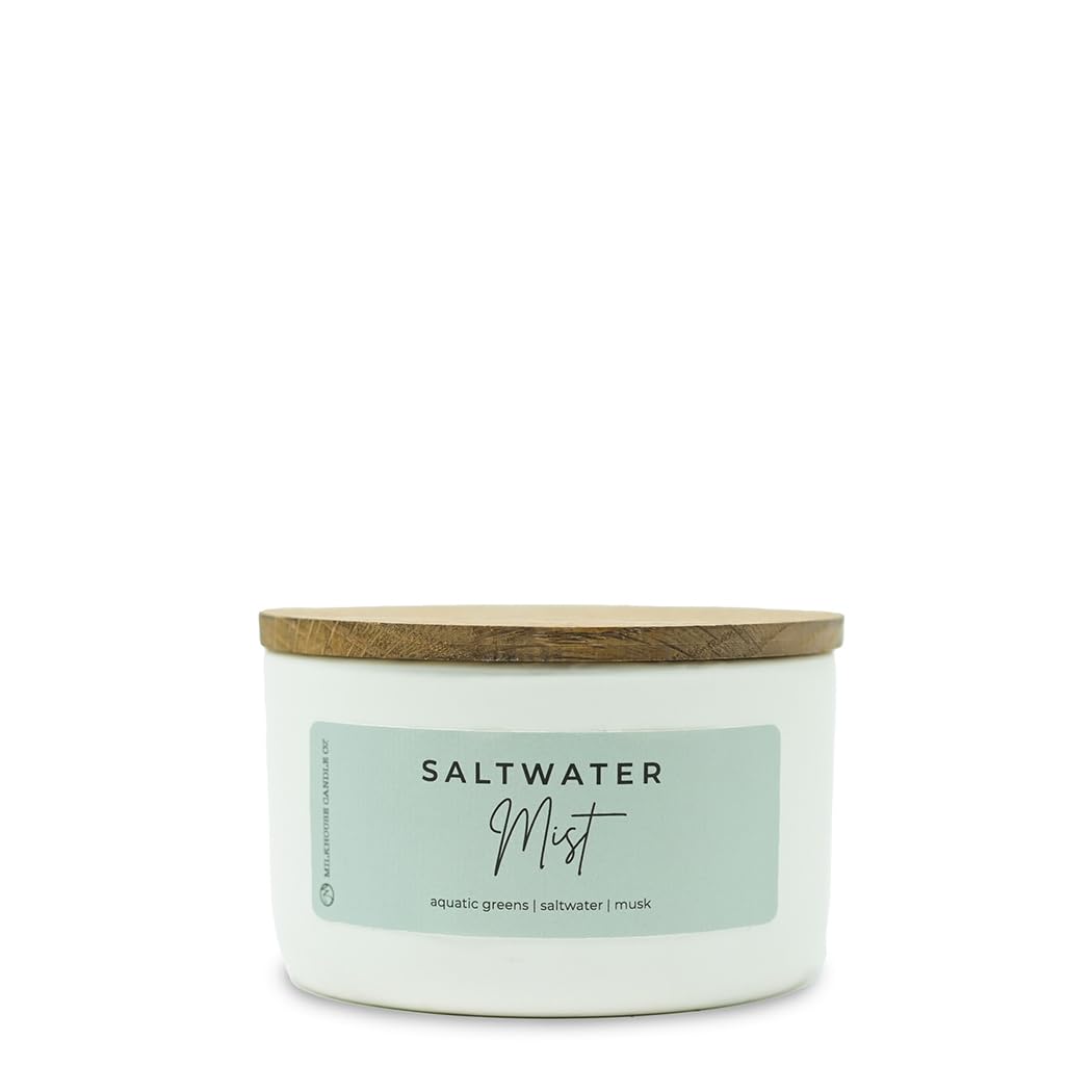 Milkhouse Candle Company Saltwater Mist Soy Candle - Aquatic Greens | Saltwater | Musk Scented - 10 oz Signature Statement with Lid, 20+ Hour Burn Time, Made in the USA