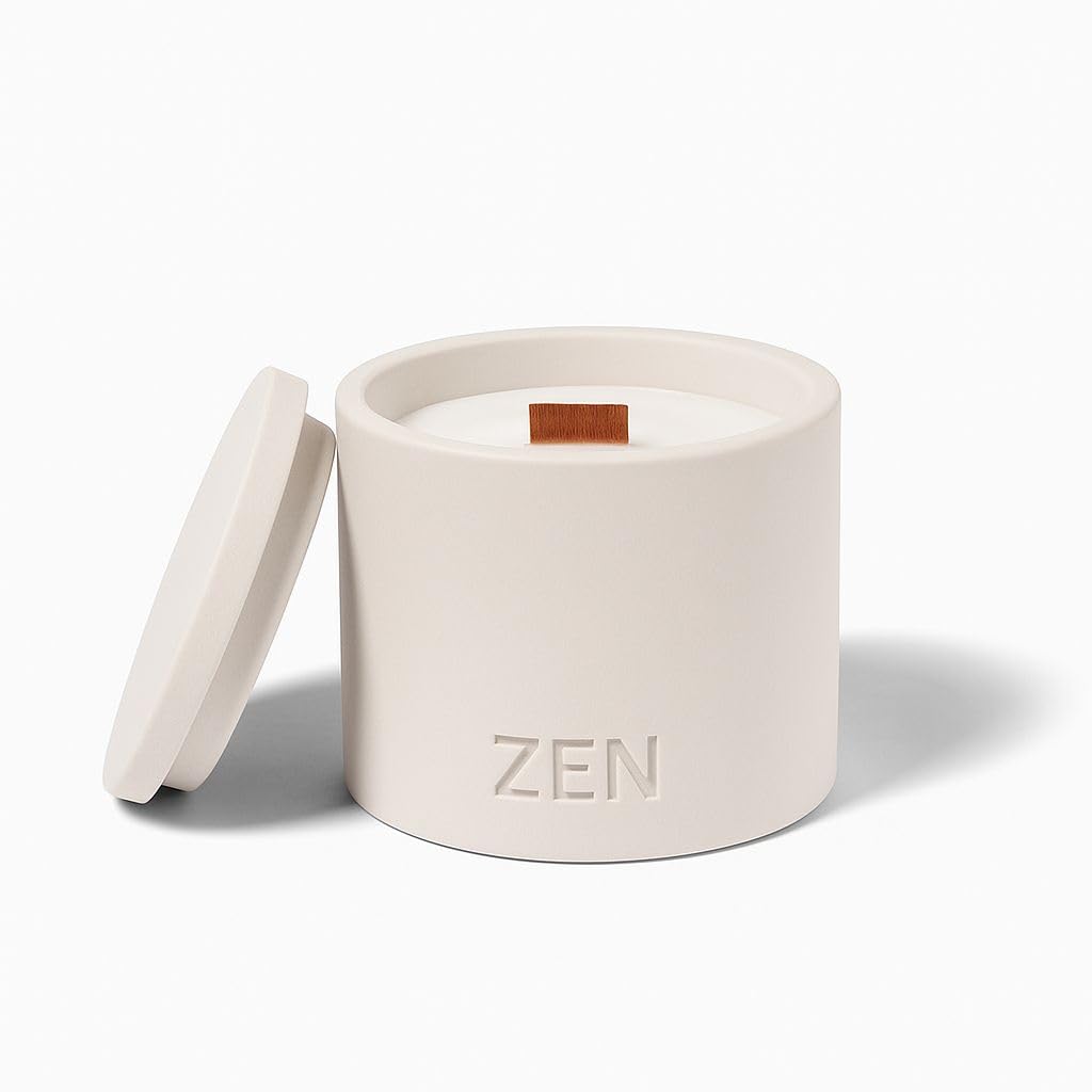 Zen Concrete Candle with Lid – Smoky Wood Sandalwood Vanilla – 100% Beeswax, Minimalist Jar, Wooden Wick, Reusable Container Plant Pot Storage – Luxury-Inspired (Cream, Small, Oud)