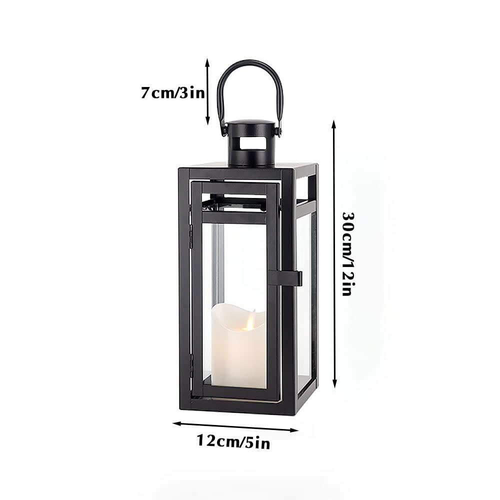 TRIROCKS Metal Candle Lantern 12'' High Decorative Outdoor Lantern Hanging Lantern with Tempered Glass for Christmas Home Decor Living Room Parties Events Tabletop Indoors Outdoors (Black Matte)