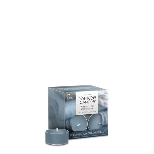 Yankee Candle Warm Luxe Cashmere Tea Light Candles, Premium Plant Wax Scented Tealights for Winter, 12 Count, Blue, Up to 5 Hours Burn Time, Natural Fiber Wick, 0.44 oz Each