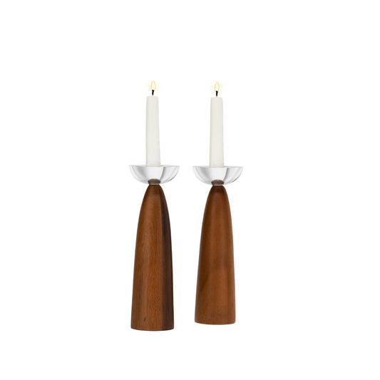 Nambé Sabbath Candlesticks – Modern Alloy & Acacia Wood Candle Holders for Shabbat & Table Décor, 2.5" x 7" – Elegant Judaica Centerpiece for Dining Table, Wedding & Holiday Lighting
