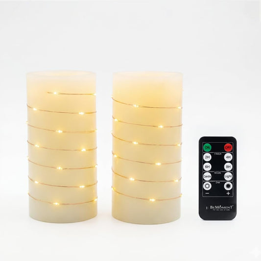 BeMoment Flickering Flameless Candles Ivory Real Wax Pillar with Embedded String Lights LED Candles Battery Operated Candle with Timer and Remote, for Bedroom, Wedding, Home Decor Set of 2 (3" x 6")