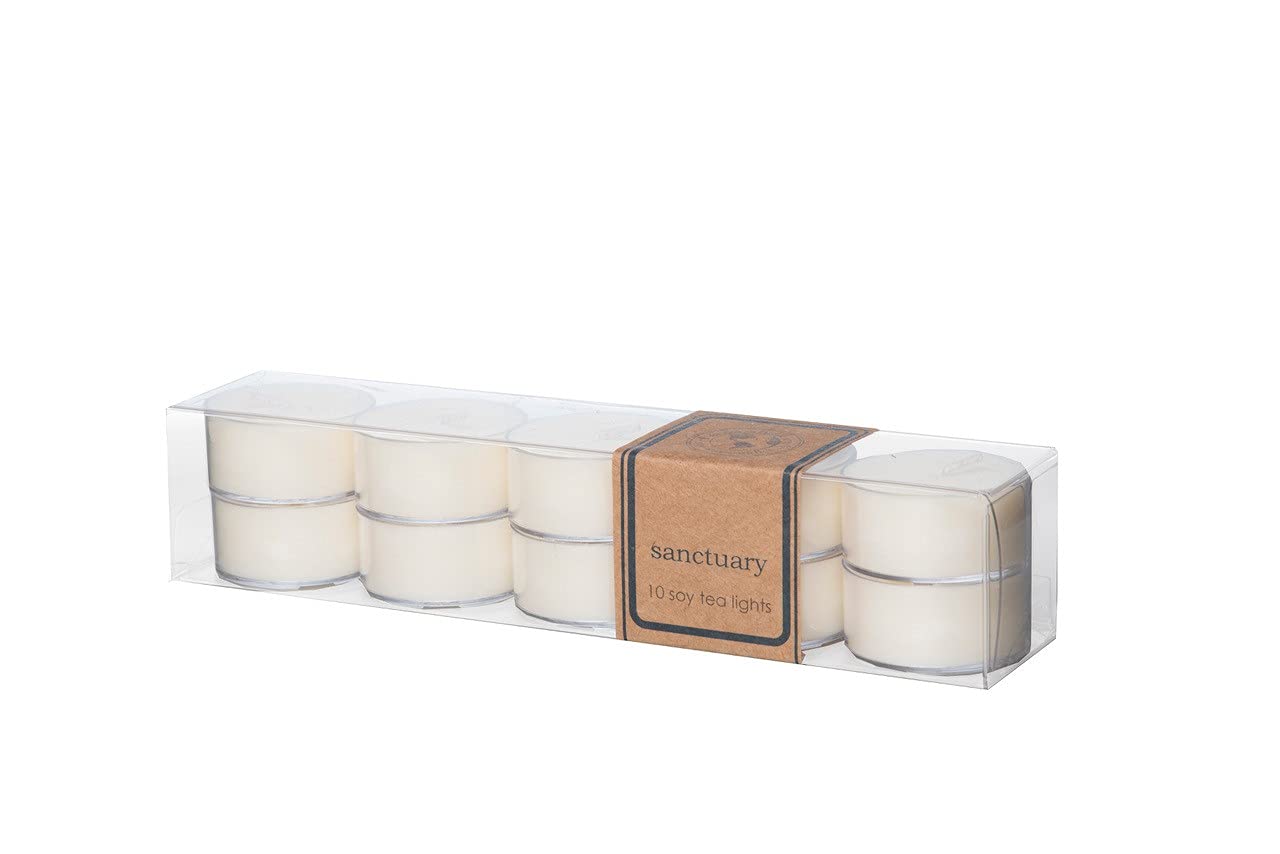 Eco Candle Co. Tea Light Candles, Sanctuary, 10-Pack - Scents of Black Orchid, Ginger, Cardamom, Lily, Leather, Amber, & Kyara - Recyclable, 100% Soy Wax, No Lead, Hand Made, .6 oz. Each