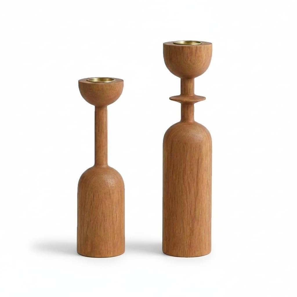Wooden Taper Candle Holder Set of 2 - Modern Minimalist Natural Wood Candlestick Holders Fits 7/8” Taper Candles - Scandinavian Japandi Boho Farmhouse Décor for Dining Table Mantel Living Room