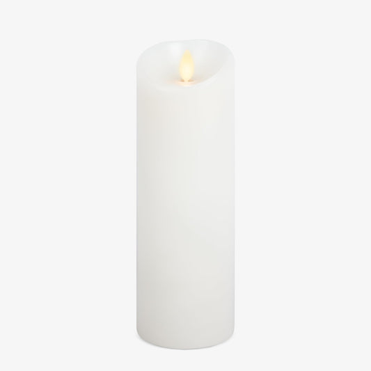 Luminara Realistic Moving Flame LED Candle (3"x8.5") Scalloped Edge Smooth Finish Real Wax Pillar, Battery Operated (2 C) 600 Hr Runtime, Timer, Remote Ready, Unscented - White
