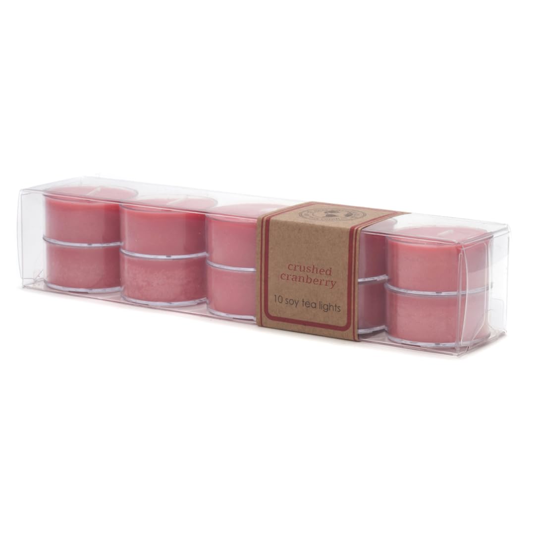 Eco Candle Co. Tea Light Candles, Crushed Cranberry, 10-Pack - Scents of Fresh Cranberries, Apples, Citrus, Clove & Cinnamon - Recyclable, 100% Soy Wax, No Lead, Kraft Paper Label & Lid, Hand Poured