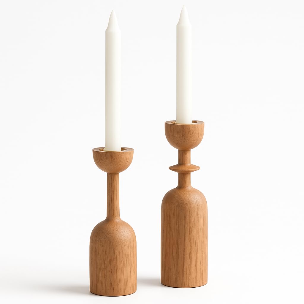 Wooden Taper Candle Holder Set of 2 - Modern Minimalist Natural Wood Candlestick Holders Fits 7/8” Taper Candles - Scandinavian Japandi Boho Farmhouse Décor for Dining Table Mantel Living Room