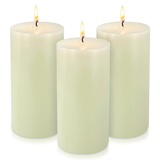Ivory Pillar Candles Set of 3 Unscented Handpoured Weddings, Home Decoration, Restaurants, Spa, Church Smokeless Cotton Wick 2.8×6