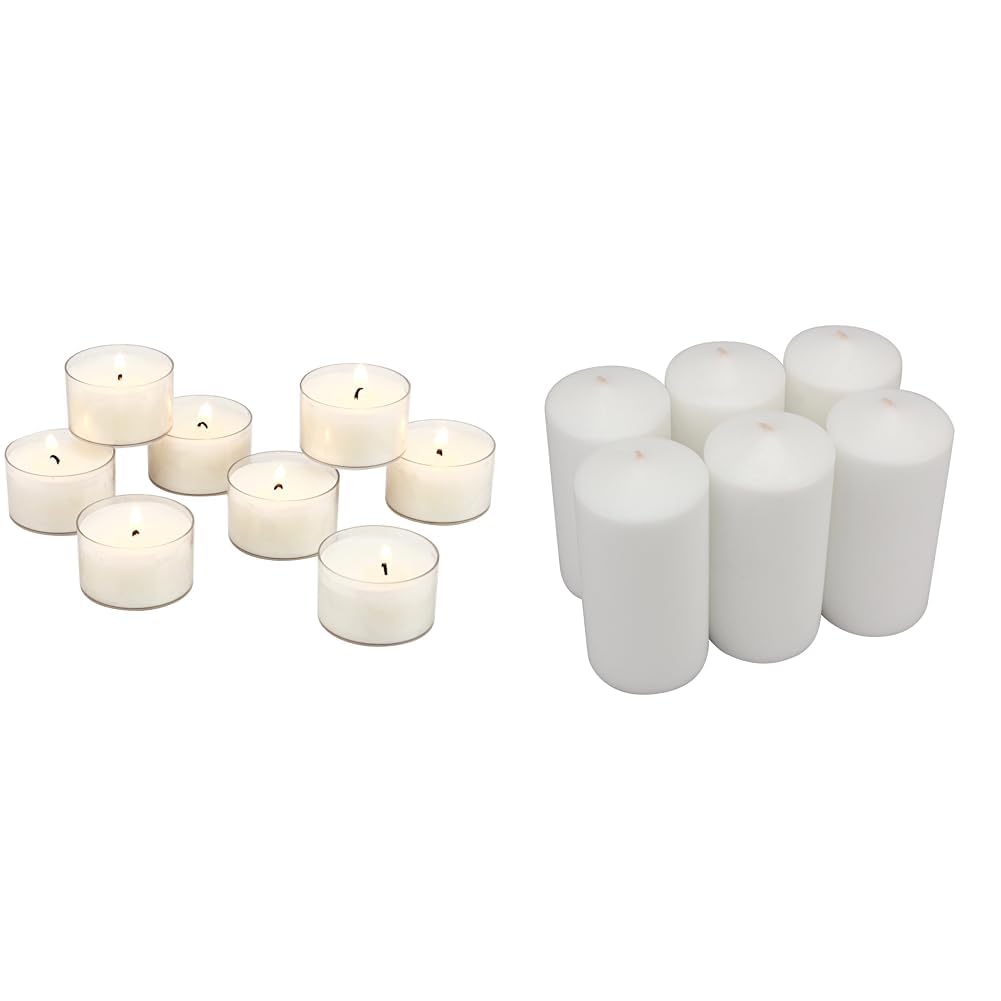 Stonebriar Bulk 96 Pack Unscented Smokeless Long Burning Clear Cup Tea Light Candles with 8 Hour Extended Burn Time, White & Tall 3x6 Inch Unscented Pillar Candles,White, 6 Count