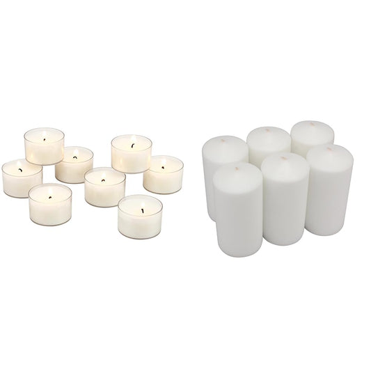 Stonebriar Bulk 96 Pack Unscented Smokeless Long Burning Clear Cup Tea Light Candles with 8 Hour Extended Burn Time, White & Tall 3x6 Inch Unscented Pillar Candles,White, 6 Count