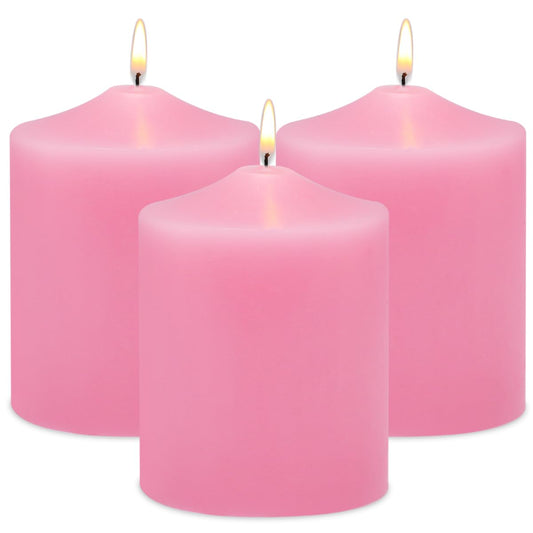 Unscented Pink Pillar Candles, 45 Hour 3x4 Inch Dripless Tapered Fat Column Cylinder Candles for Valentine's Day Home Party Holidays, 3 Packs