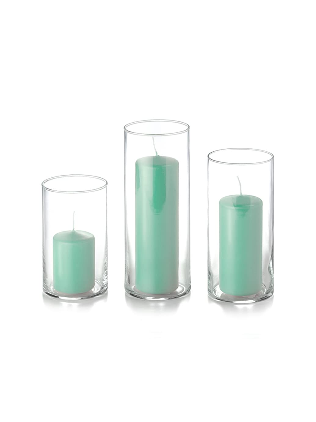 Yummi Set of 36 Slim Pillar Candles and Cylinder Vases - Blue Jade