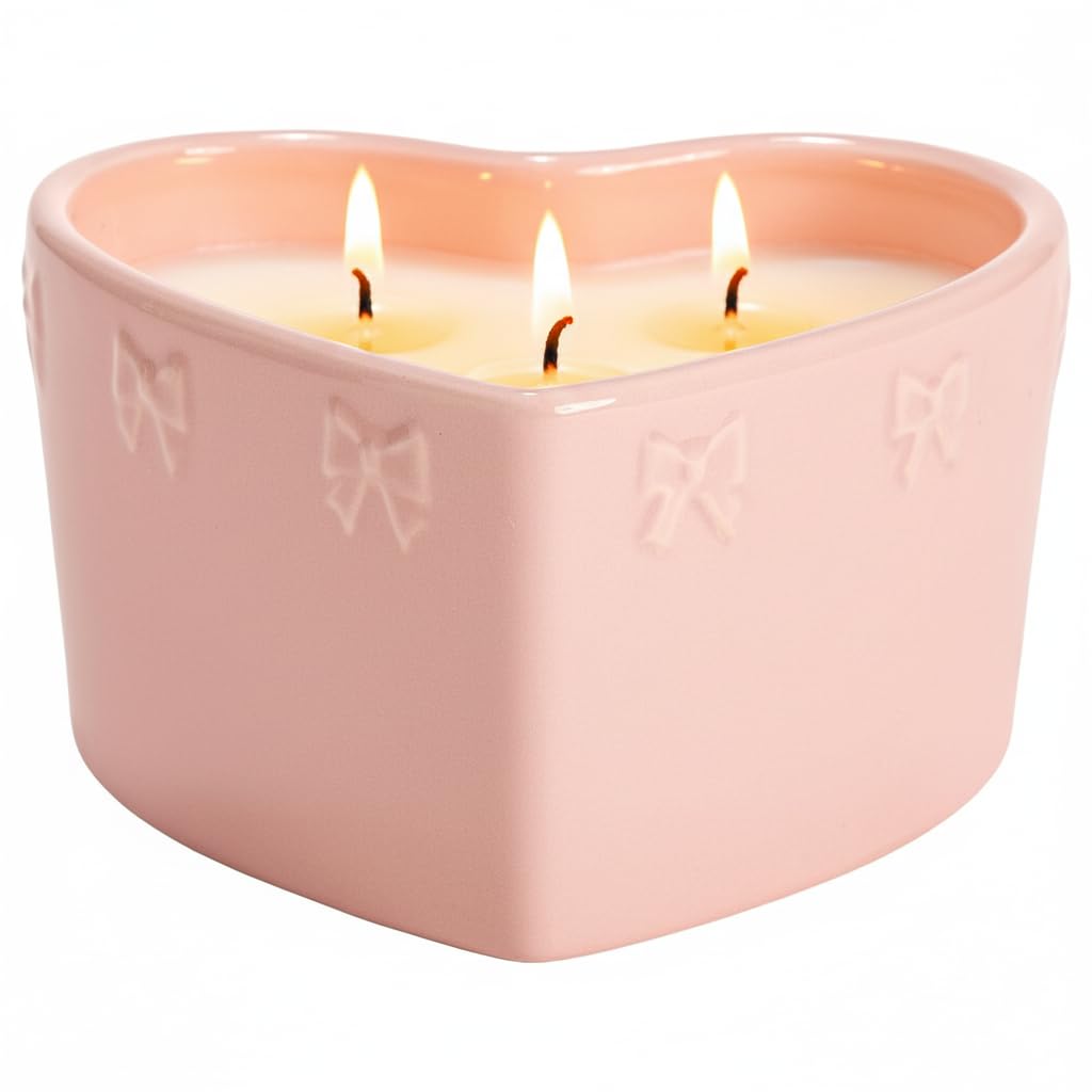 Paris Hilton Pink Spritz Scented Candle, Pink Heart-Shaped Ceramic Vessel with Embossed Bow Detail, Premium Plant Wax Blend, 3-Wicks, 12-Ounce