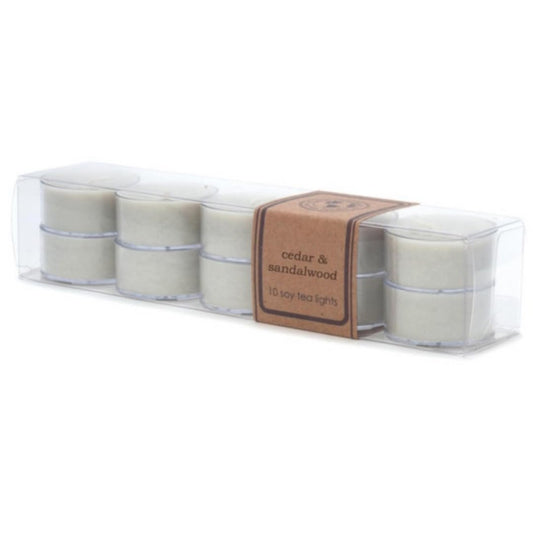 Eco Candle Co. Tea Light Candles, Cedar & Sandalwood, 10-Pack - Scents of Fresh Ozone, Lily, Cedarwood & Sandalwood - Recyclable, 100% Soy Wax, No Lead, Hand Poured, .6 oz. Each