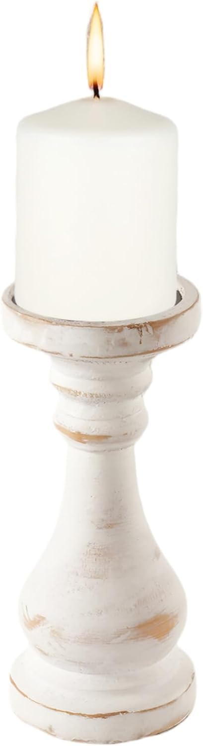 CedarLux Rustic Pillar Candle Holder, 8.5 Inch Tall White Wooden Candlestick Holders, Farmhouse Candle Stands for Pillar Candle, Decorative Wood Candlestick Holders for Living Room, Table Centerpiece