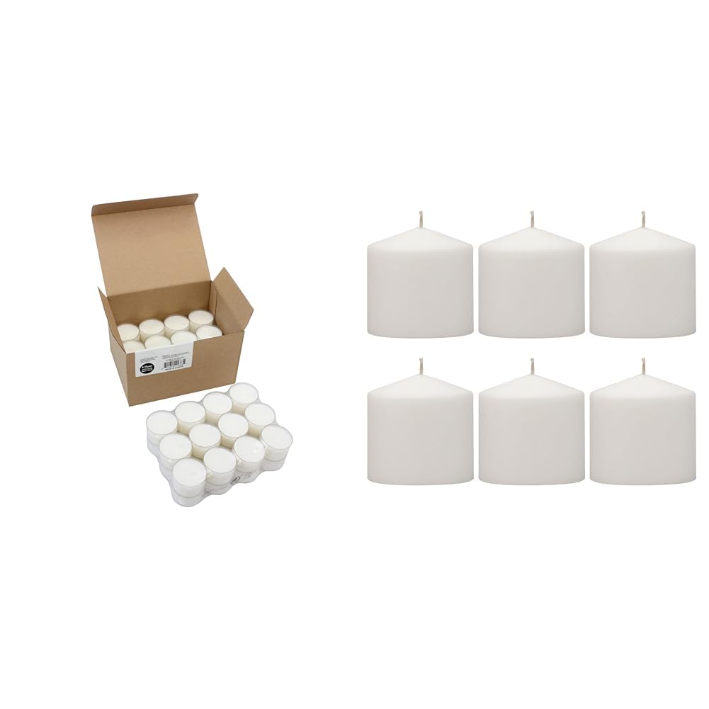 Stonebriar Bulk 48 Pack Unscented Smokeless Long Clear Cup Tea Light Candles with 8 Hour Extended Bu & 80 Hour Long Burning Unscented Pillar Candles, 3x3, White, Pack of 6