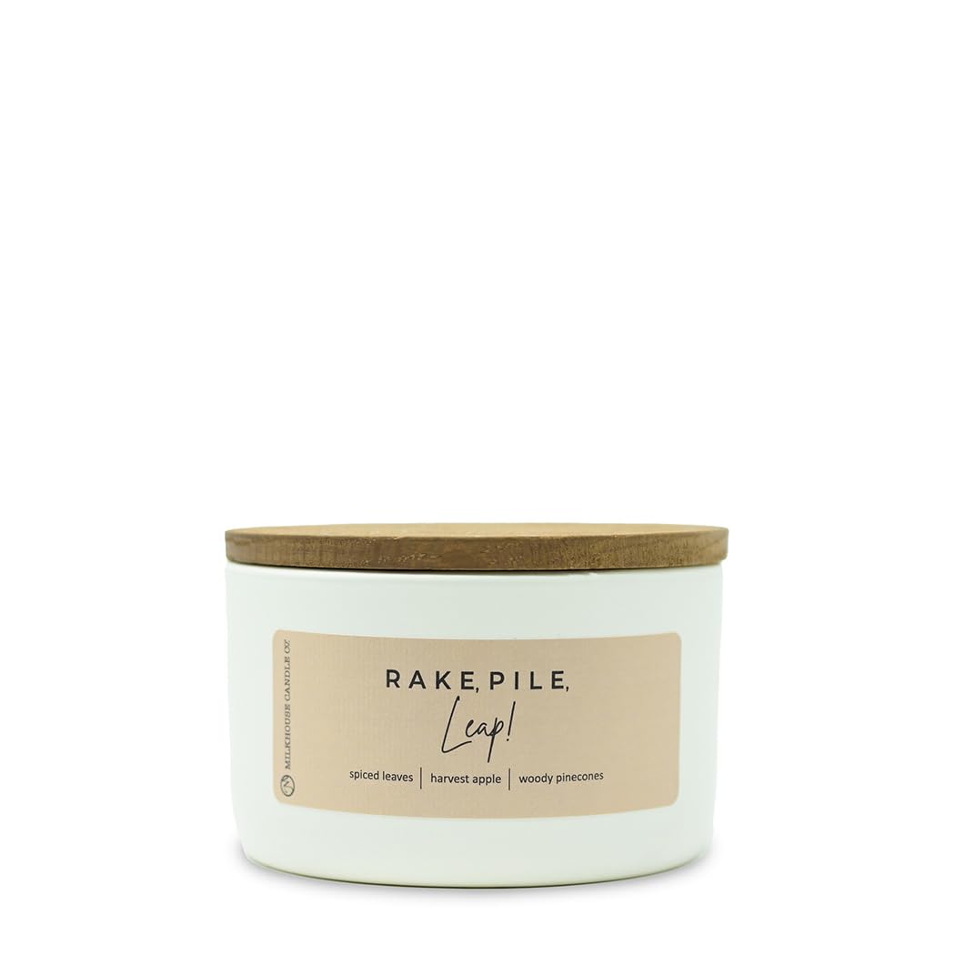 Milkhouse Candle Company Rake, Pile, Leap! Soy Candle - Spiced Leaves | Harvest Apple | Woody Pinecones Scented - 10 oz Signature Statement Candle with Lid, 20+ Hour Burn Time, Made in the USA